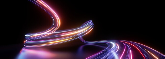 3d render. Abstract panoramic background of curvy dynamic neon lines glowing in the dark room with floor reflection. Virtual fluorescent ribbon. Fantastic wallpaper