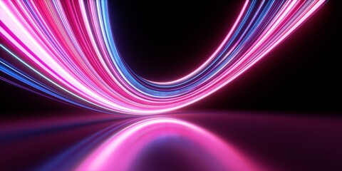 3d render. Abstract neon background of glowing lines and floor reflection. Modern wallpaper