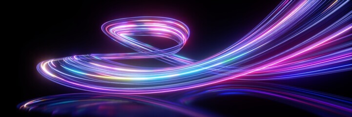 3d render. Abstract background of neon ribbon. Fluorescent ines glowing in the dark room with floor reflection. Fantastic panoramic wallpaper. Digital data transfer. Energy concept