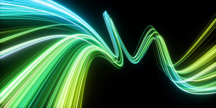 3d render. Abstract background of dynamic emerald green neon lines glowing in the dark. Modern fantastic wallpaper