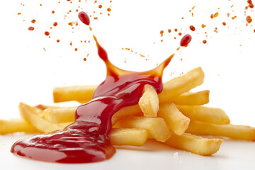 Delicious potato fries falling into splashing tomato ketchup, cut out. Close up of falling down fries with splash ketchup in background minimalist. First food concept of food and potato. - obrazy, fototapety, plakaty