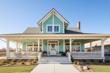 shingle home with wraparound porch and stone base columns