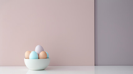 easter composition, easter eggs on the table in pastel colors. Minimalistic easter composition....