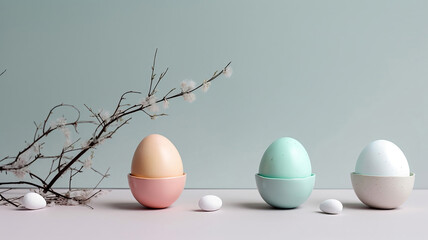 easter composition, easter eggs, a figurine of a rabbit and a vase on the table in pastel colors. Minimalistic easter composition. generative ai - obrazy, fototapety, plakaty