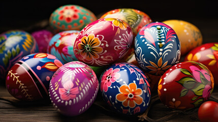Painted Easter eggs with vibrant floral patterns, displayed on a dark wooden surface
