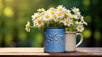 Rustic white enamel mug filled with fresh white daisies on a wooden table with a soft-focus green garden background.
