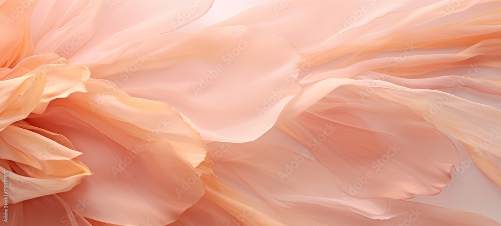 Poster peach fuzz color, shiny satin silk swirl motion wave background banner - abstract textile fabric mat