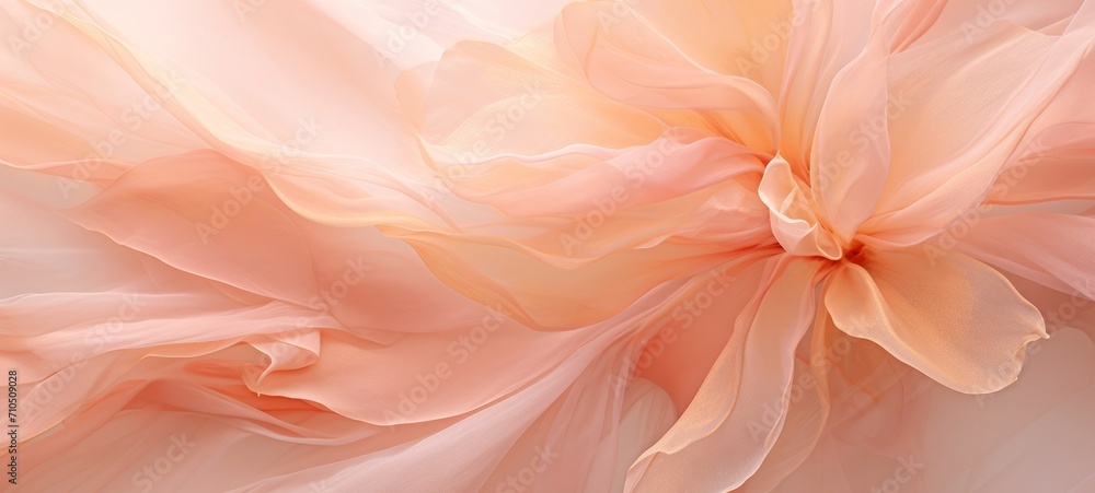 Poster peach fuzz color, shiny satin silk swirl motion wave background banner - abstract textile fabric mat
