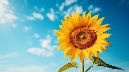 Obraz premium Close up sunflower with blurred blue sky background. Sunflower blooming. Generated AI