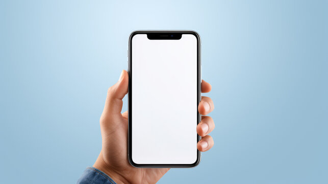 Hand holding a smartphone with a blank white screen against a blue background, offering a clear display for a mockup or app presentation.