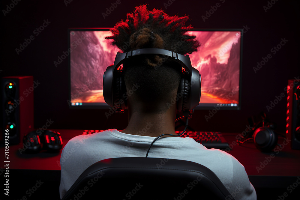 Poster generative ai back view photo image of guy sitting at home playing online game