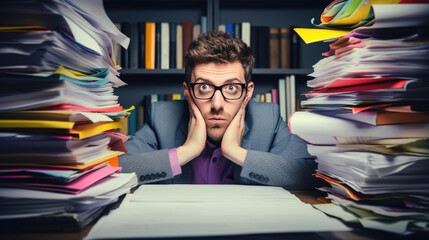 Stressed businessman with glasses, sitting at a desk piled high with stacks of papers and documents