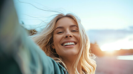 Happy blonde woman, taking selfie shot, motivation and wellness, peace and hope. Smile female, optimism , dream and success concepts - obrazy, fototapety, plakaty