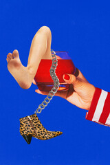 Contemporary art collage. Quirky Party Invitation. Female hand holds glass of Bloody Mary in which...