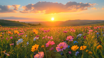 Futuristic Harmony: Wide-Angle Photo of Elegant Vibrant Flowers in a Vast Garden, Captured in Panoramic View at Sunset with Lively Colors and a Peaceful Landscape