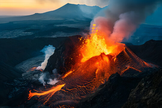 Volcano eruption, burning volcanic landscape at dusk, night of the fire, hot inferno and the wrath of nature