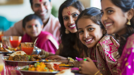 Big Indian family sitting at a table and ready to eat. 