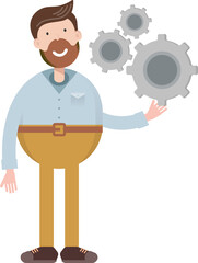 Beard Man Character Holding Gears
