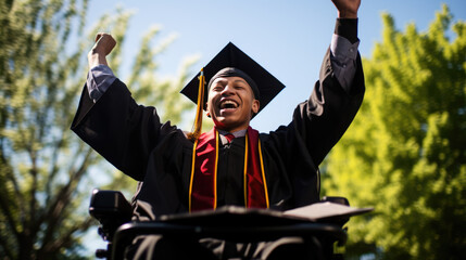 Joyful graduate in a wheelchair, wearing a graduation gown and cap, holding a diploma, and raising a fist in celebration