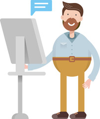 Beard Man Character Working on Computer
