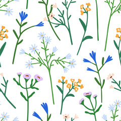 Fototapeta na wymiar Seamless floral pattern. Repeating botanical print design. Endless background, spring flowers, branches. Gentle simple sprigs for wallpaper, textile, fabric, wrapping. Flat vector illustration