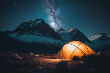 Starry Night Shelter: The Milky Way Above a Mountain Tent, Celestial Camping Bliss. 