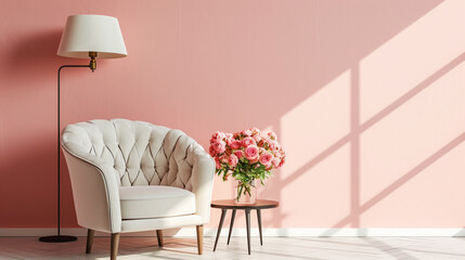 Tufted armchair and coffee table with lamp near light pink wall. Interior design of modern living room 