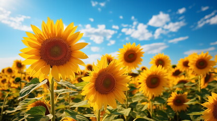 Obraz premium Field of sunflowers against blue summer sky. Generated AI