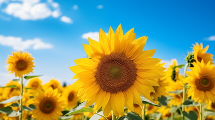 Field of sunflowers against blue summer sky. Generated AI