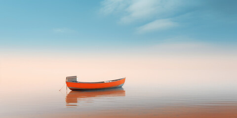 Orange boat in a calm sea waters near a beachline. Calm, tranquil landscape. Generative AI