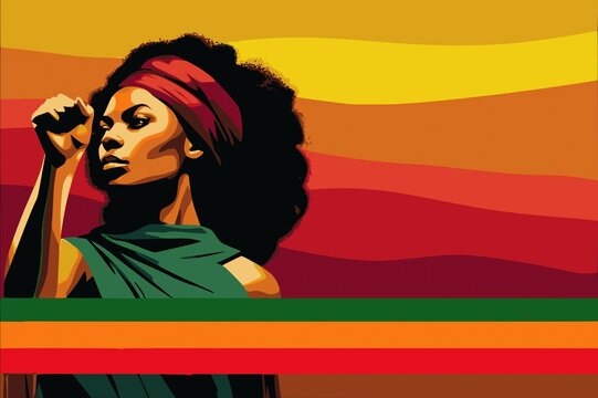 Black woman raising her fist as activist with the African flag colors, banner for keti koti, juneteenth, black history month, women's history month or woman's day