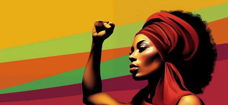 Black woman raising her fist as activist with the African flag colors, banner for black history month, women's history month or woman's day