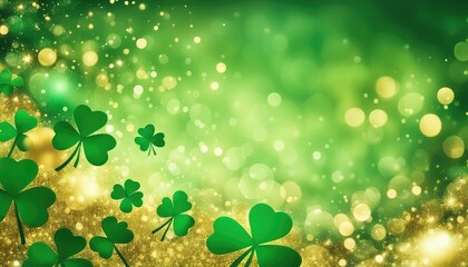 St. Patrick's Day abstract green and gold background with shamrock leaves.