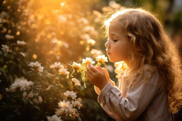 beautiful girl smelling pink rose in a garden in the morning light or at sunset. Sense of smell. Aromatic, enjoying the moment, stop and smell the roses.