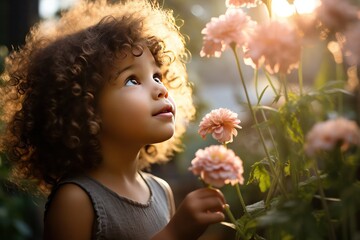 cute diverse girl smelling pink rose in a garden in the morning light or at sunset. Sense of smell. Aromatic, enjoying the moment, stop and smell the roses. - obrazy, fototapety, plakaty
