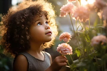 Poster cute diverse girl smelling pink rose in a garden in the morning light or at sunset. Sense of smell. Aromatic, enjoying the moment, stop and smell the roses. © Dina