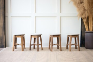 set of rustic wooden stools on a textured rug