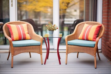 wicker patio chairs with a glass-top side table