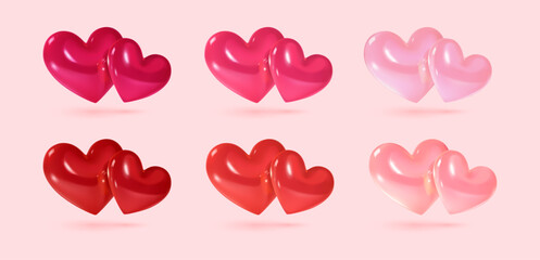 Set of 3d hearts. Realistic vector illustration of two shiny gloss red and pink hearts isolated on light rose background. Symbol of love, romantic, Valentines day and Wedding - 710512822