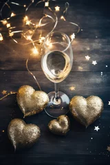 Fotobehang glass of champagne or cava with golden hearts, lights and glitter. Festive St Valentines Day vertical romantic wallpaper. Self love. Treat yourself. © Dina