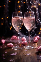 two glasses of champagne or cava with pink hearts, lights and glitter. Festive St Valentines Day vertical romantic wallpaper.