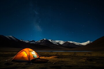 Secluded Starry Night Camping.
Solo tent glow against night stars.