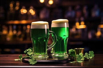 two green beers on bar counter for irish St patricks Day celebration. Festive drink pub banner copy space left.