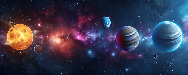 A breathtaking astronomical view of eight colorful planets arranged around a starry sky along with celestial objects.