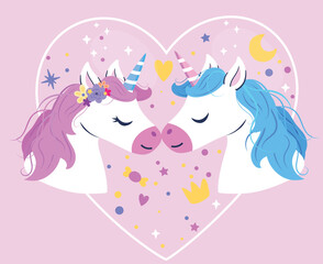 Unicorns for St. Valentine's Day on February 14. Magical unicorn vector illustration with glitter. Vector characters for birthday, invitation, kids t-shirts and stickers