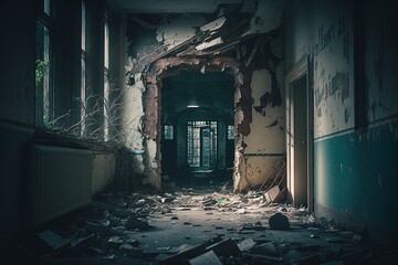 Fototapeta na wymiar Dilapidated Legacy: A Haunting Image of the Destroyed Hospital, Echoes of Time Evident in the Ruins.