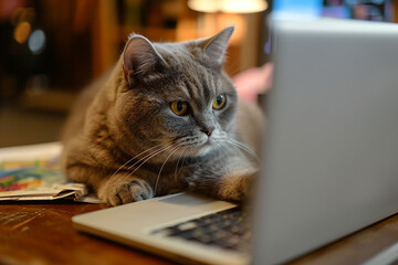 Cute fluffy cat sitting and playing with laptop computer