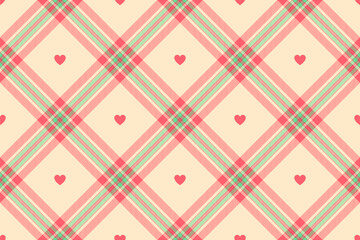 Gingham pattern with hearts. Seamless tartan vichy check plaid for dress, shirt, tablecloth, napkin, or other modern Valentines Day textile design.