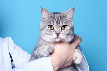 Gray tabby cat in the hands of a veterinarian for examination. Blue background. Close-up.