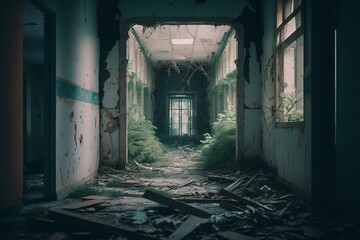 Fototapeta na wymiar Dilapidated Legacy: A Haunting Image of the Destroyed Hospital, Echoes of Time Evident in the Ruins.